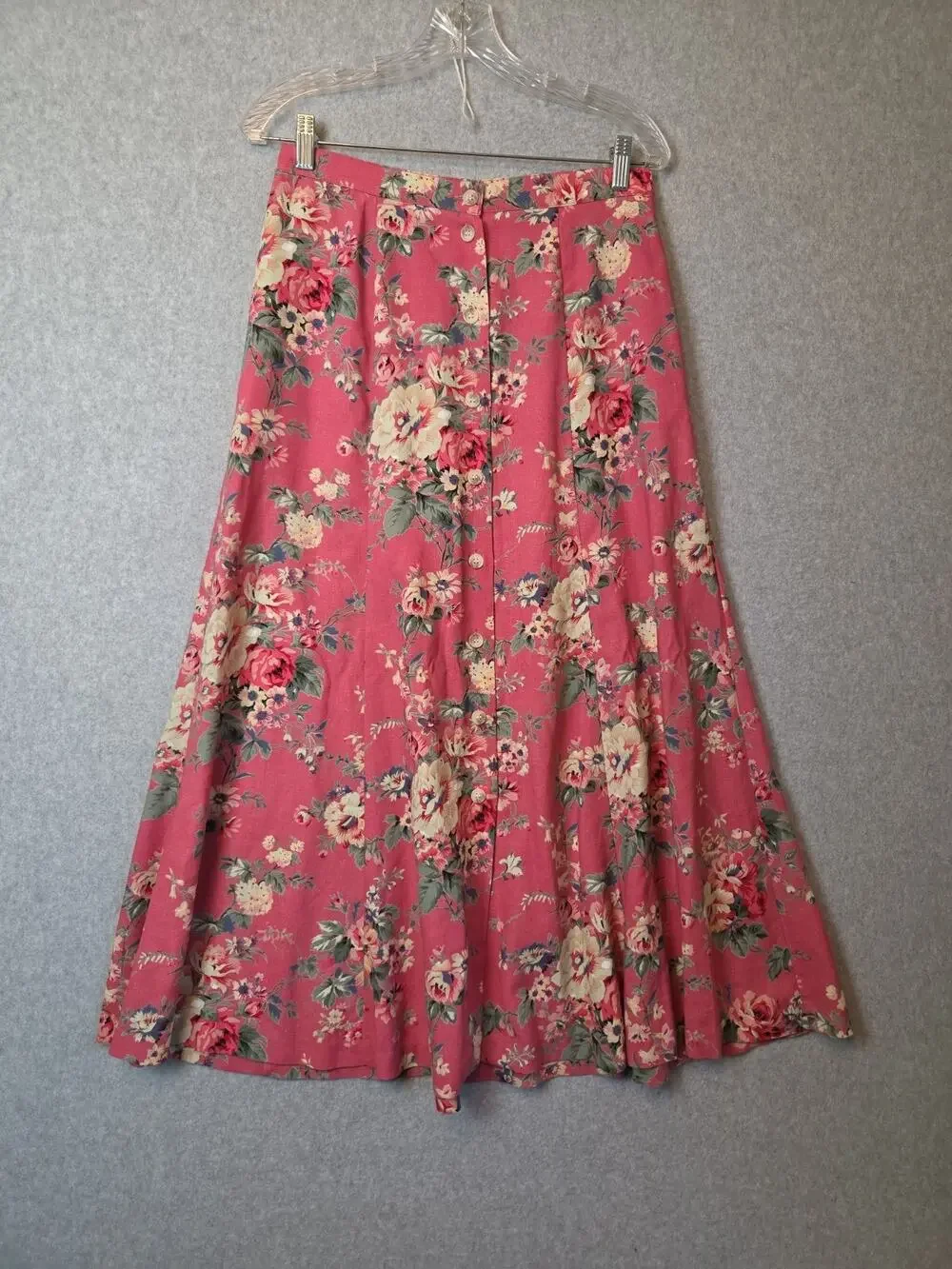Vintage Napa Studio Linen Blend Pink Floral Button Front Maxi Skirt Women's 12